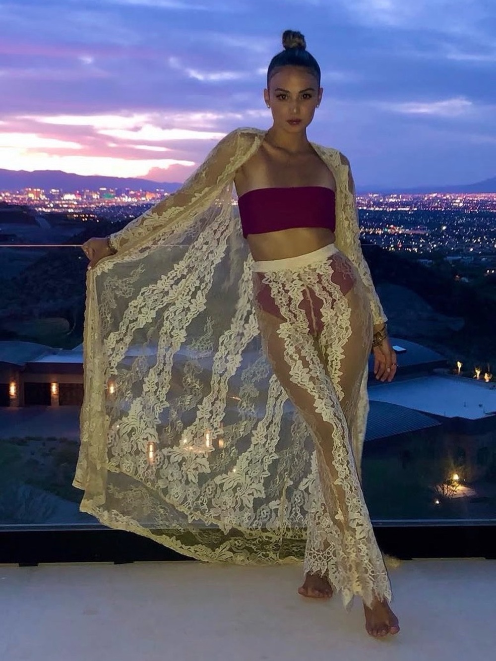 Missguided + Sheer Ivory Lace Duster Robe with Burgundy Accents